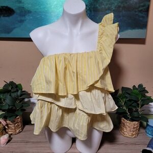 Maeve Anthropologie‎ Yellow Striped Ruffle One Shoulder Top Large Tiered